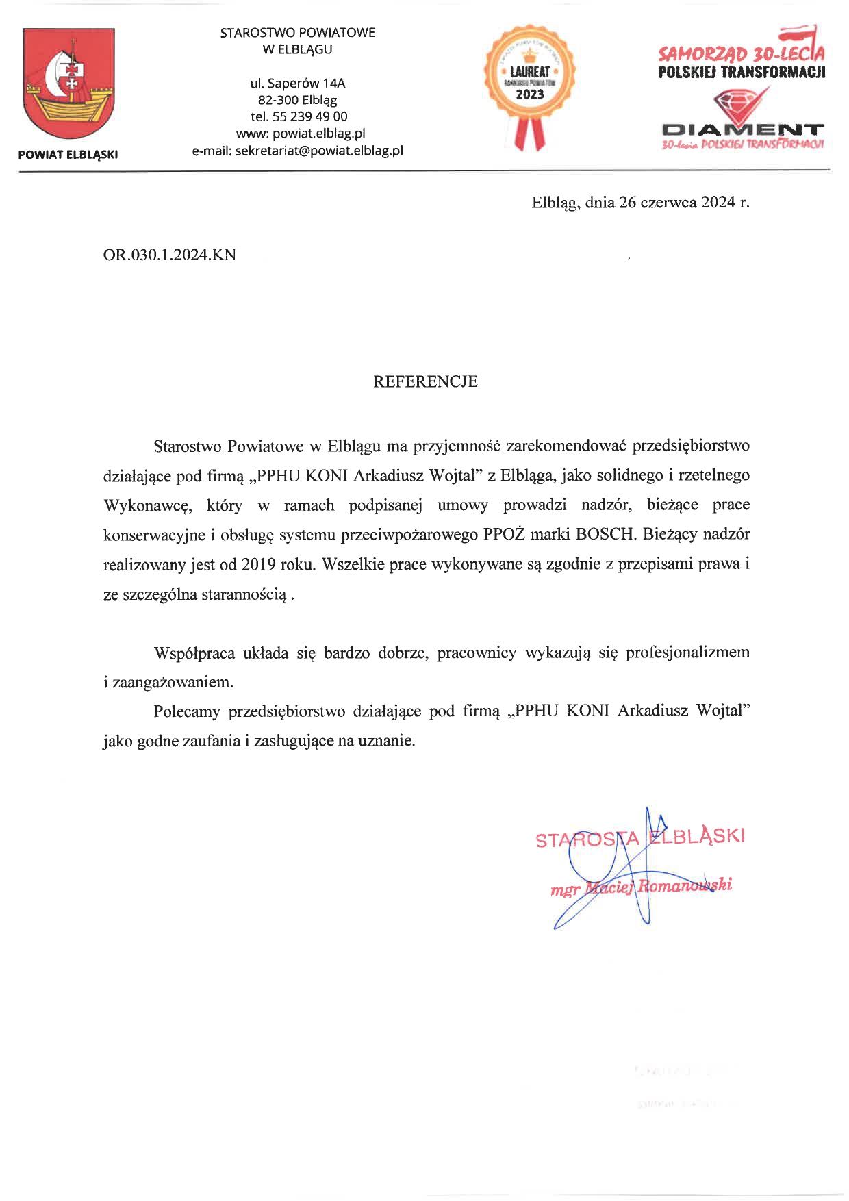 Referencja Starostwo Powiatowe w Elblągu